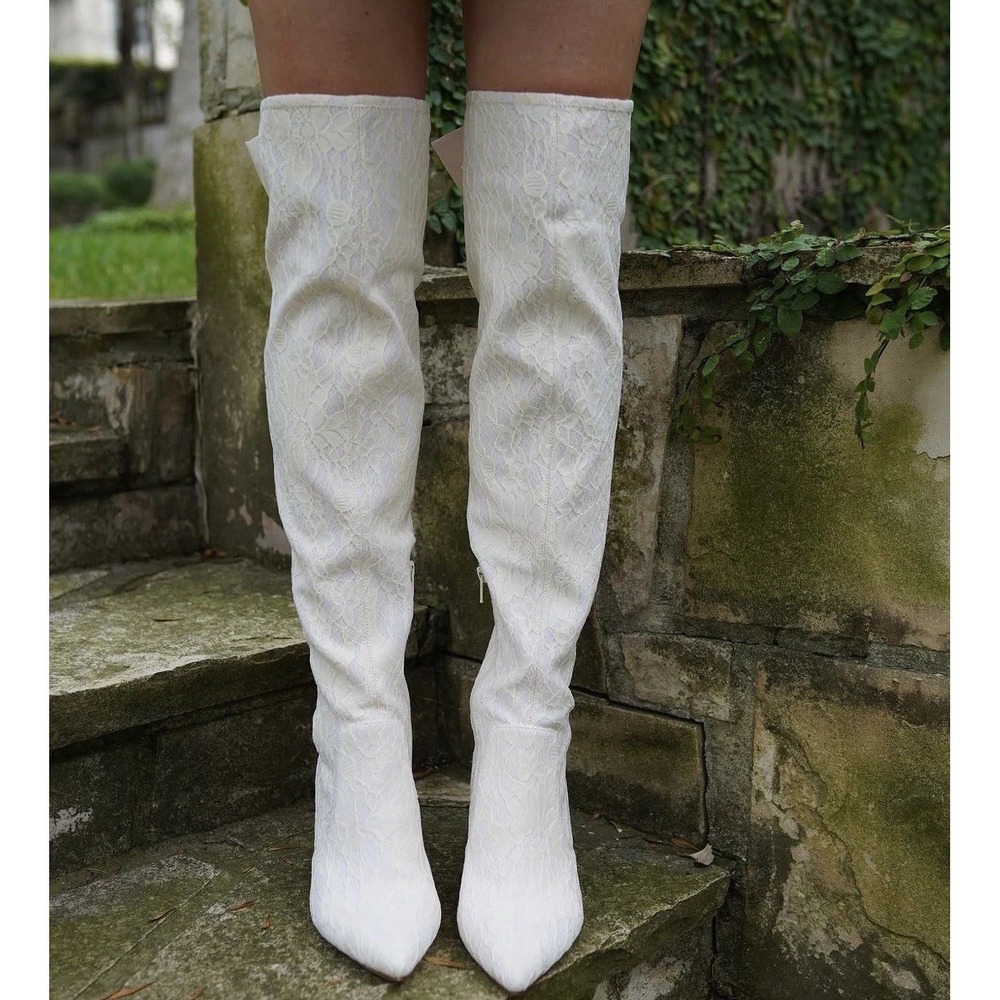 Antonio Melani x Nicola Bathie Over-the-Knee Ivory Lace Boots With Bows Size 7.5